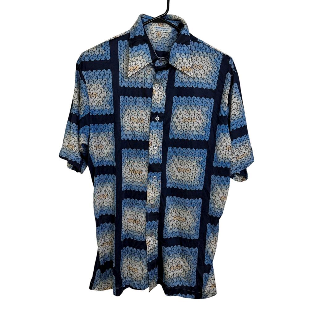 Vtg 70s Mervyns Disco Shirt Mens Geometric Button Up Nylon Dagger Collar Cubes